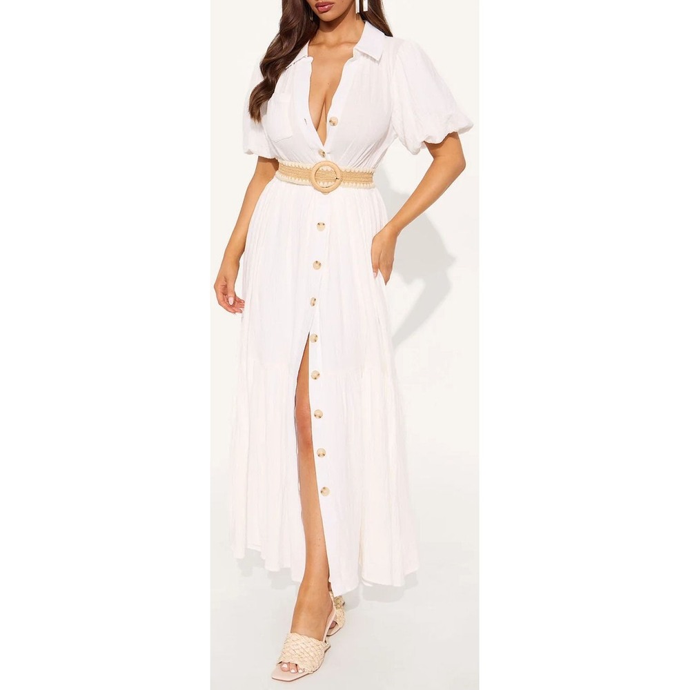 Fashion Nova Women's Cotton Gauze Belted Georgina Maxi Shirt Dress - White - 3X